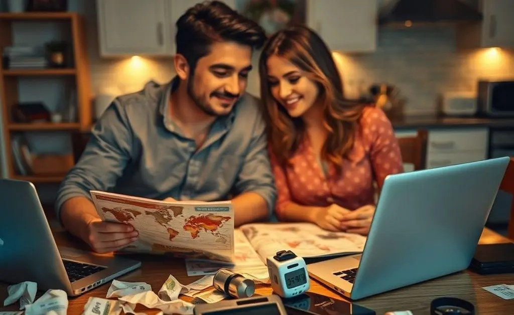 A couple planning a weekend trip with hints of credit card use, like receipts and point calculations.