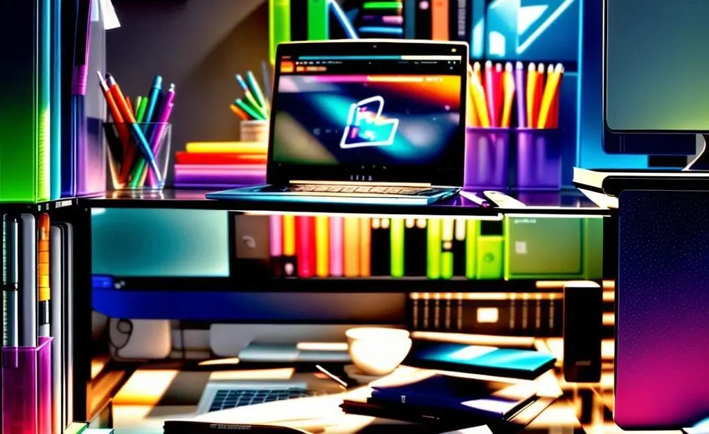 A tidy space with a laptop, stacks of bills, and colorful pens.