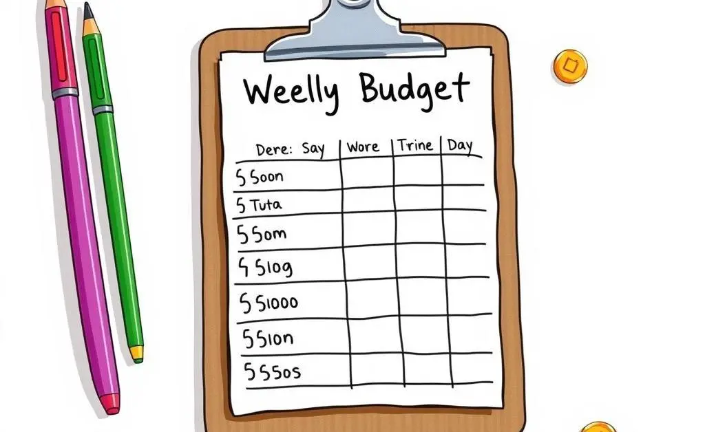 An illustrated weekly budget list on a clipboard, with colorful pens and coins around it