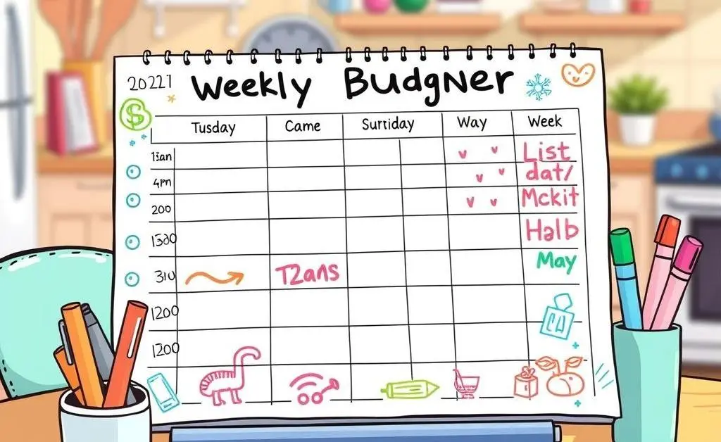 A cartoon-style weekly budget worksheet filled out with colorful markers.