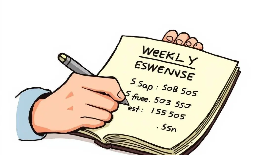 A cartoon of a person noting down weekly expenses in a notebook.