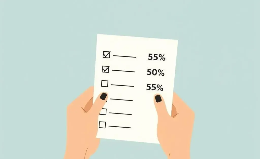 A minimalist illustration of a hands holding a grocery list, checking off items with noticeable discounts.