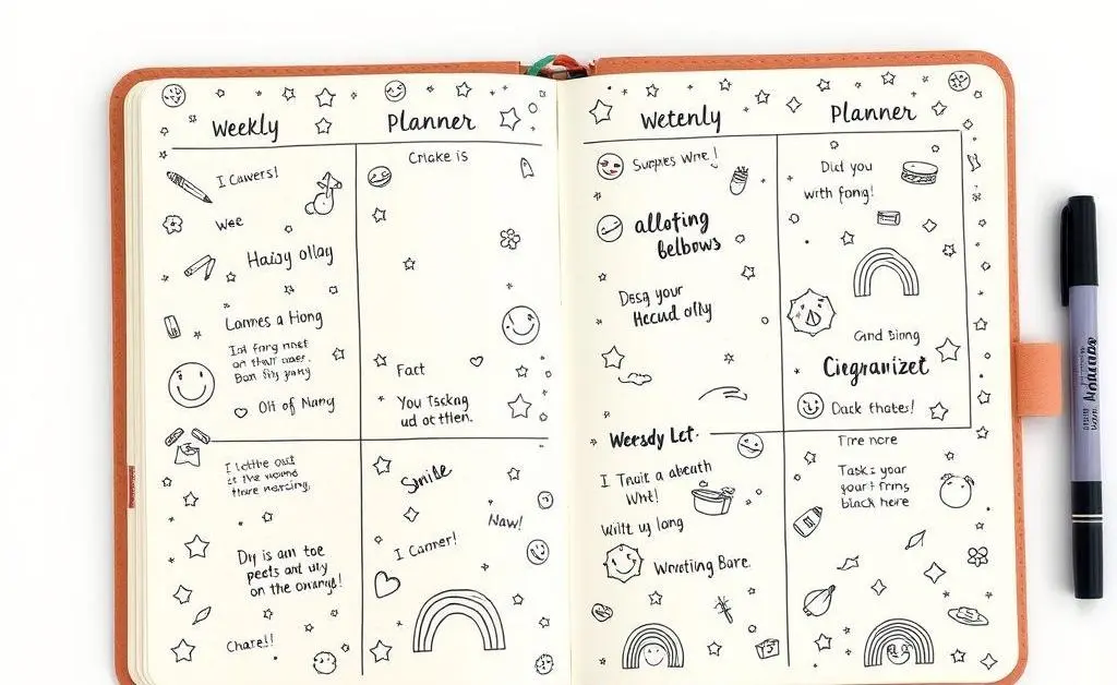 Weekly planner with fun doodles and notes