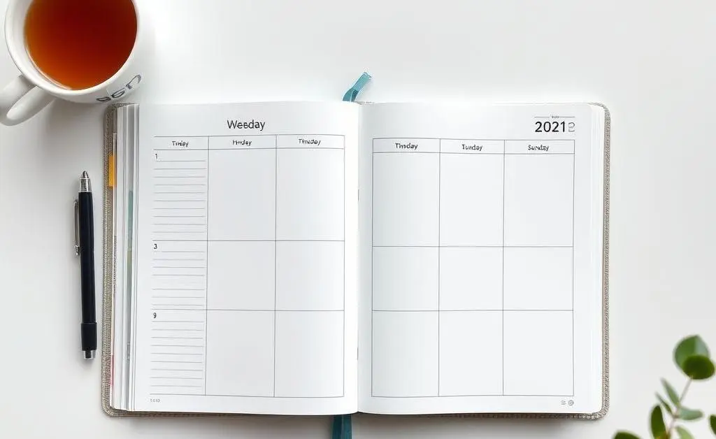 A weekly planner laid open on a table with a cup of herbal tea and a plant next to it.