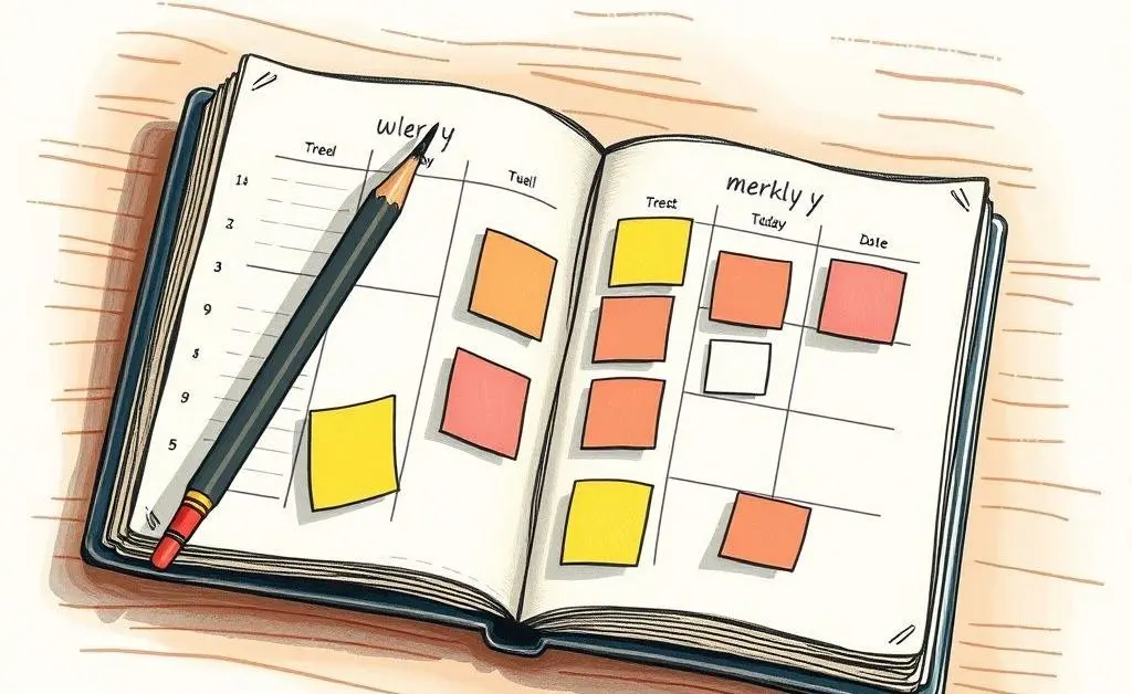 Weekly planner with post-it notes and a pencil