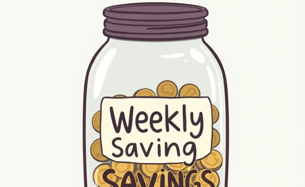 Illustration of a savings jar labeled 'Weekly Savings' filled with coins