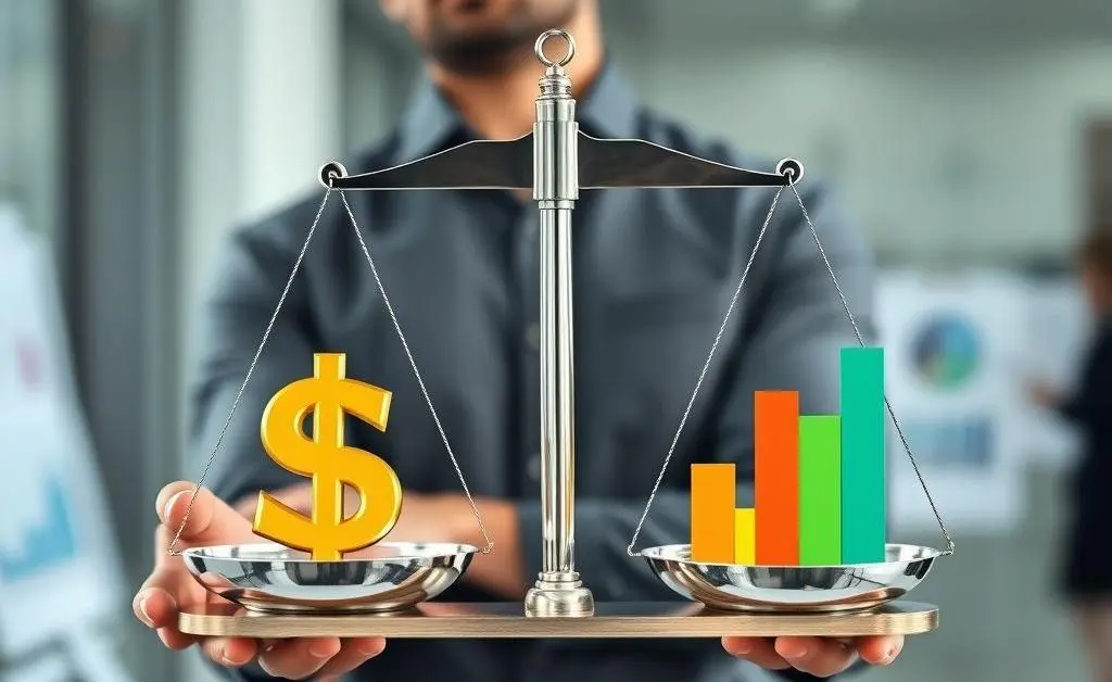 A person weighing options on a scale with dollar sign and graph
