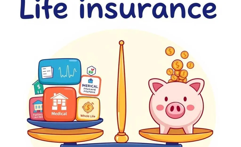 A cartoon scale weighing life insurance options against a piggy bank