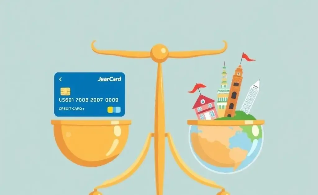 An illustration of scales balancing a credit card on one side and travel destinations on the other