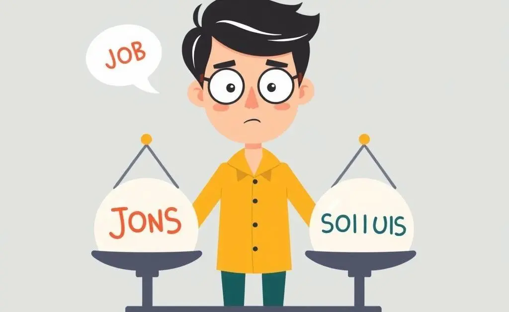 Cartoon image of a person weighing job options on a scale