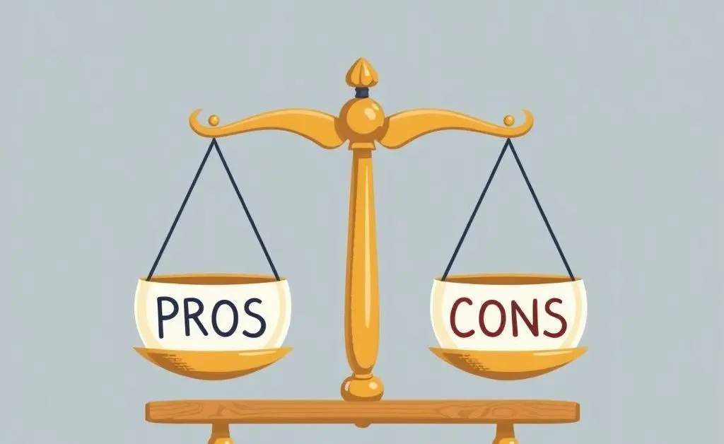 Cartoon of scales balancing pros and cons, representing decision-making.