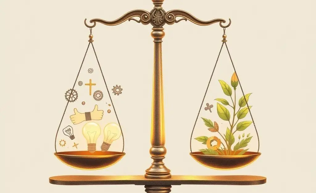 A set of balancing scales with pros and cons on either side