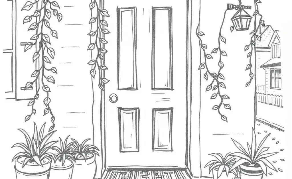A simple hand-drawn illustration of a welcoming house entrance with plants and a doormat.
