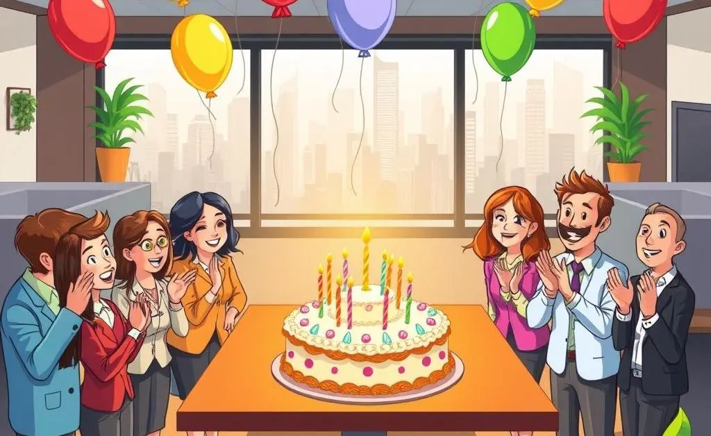 Illustration of a farewell party with colleagues surrounding a cake and balloons in an office.