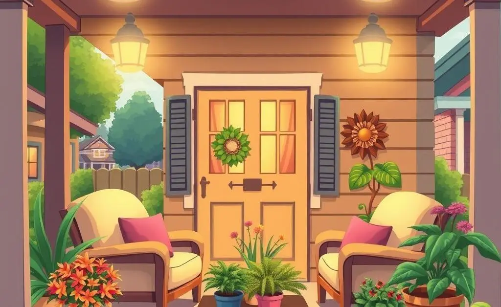 Cartoon-style front porch with cozy seating and potted plants