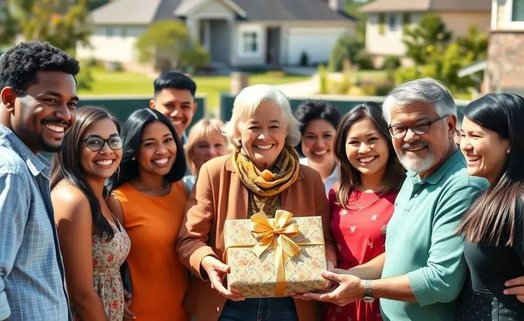People gathered around a new neighbor with smiles and a welcome gift