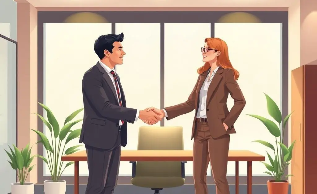 A welcoming office setting with two people shaking hands before an interview.