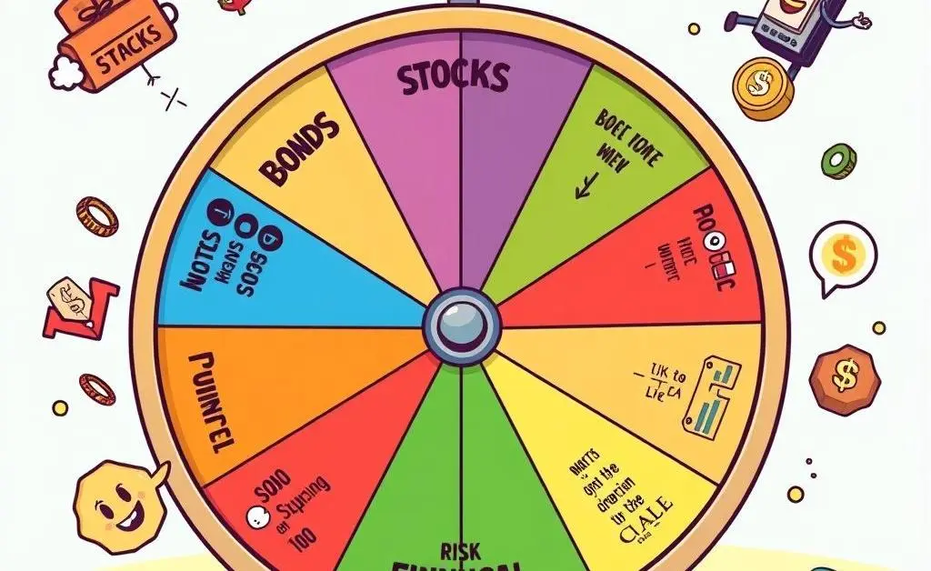 A cartoon-style wheel with various investment strategy options.
