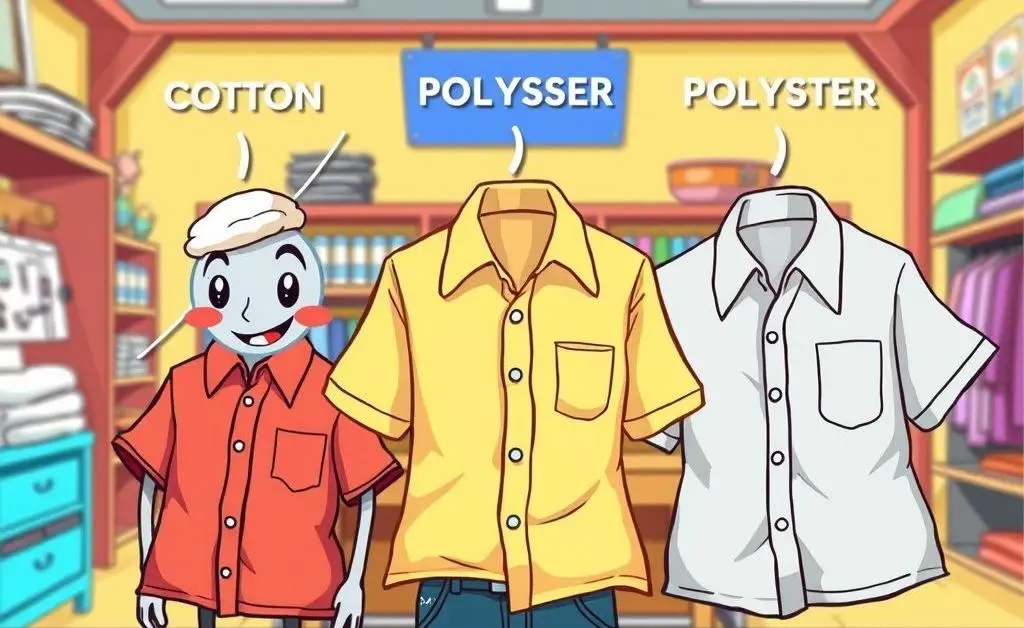 A cartoon image showing different shirt materials like cotton, polyester, and linen