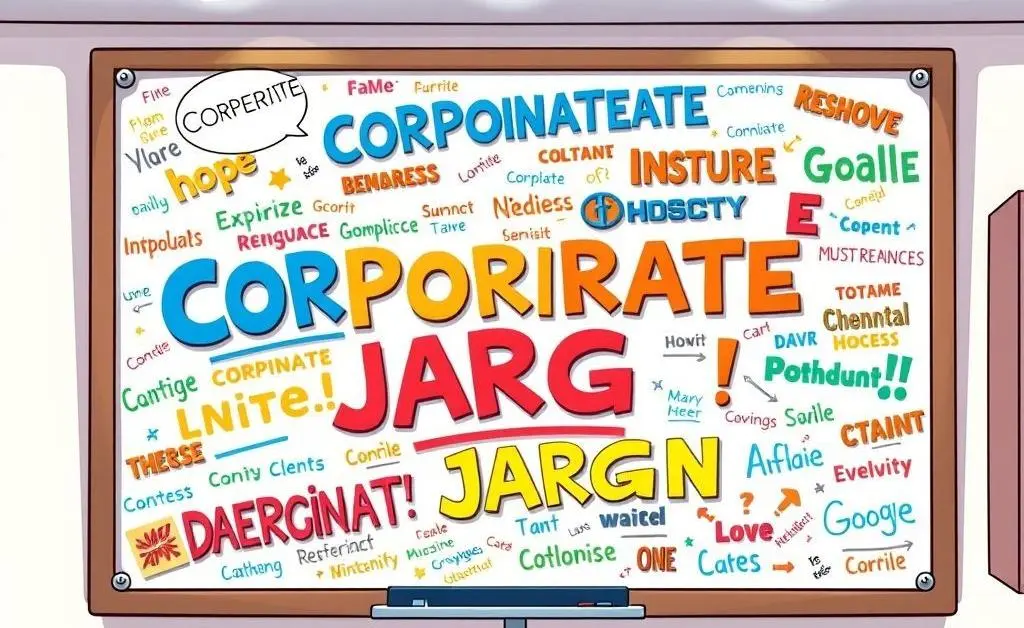 Cartoon whiteboard filled with confusing corporate jargon terms