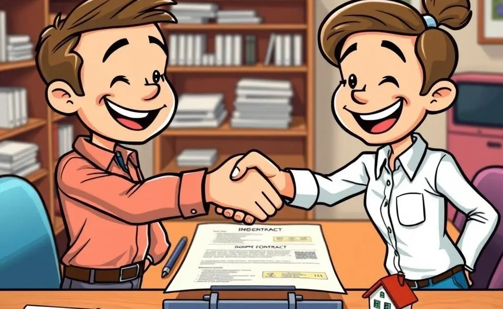 A cartoon-style handshake over a real estate contract