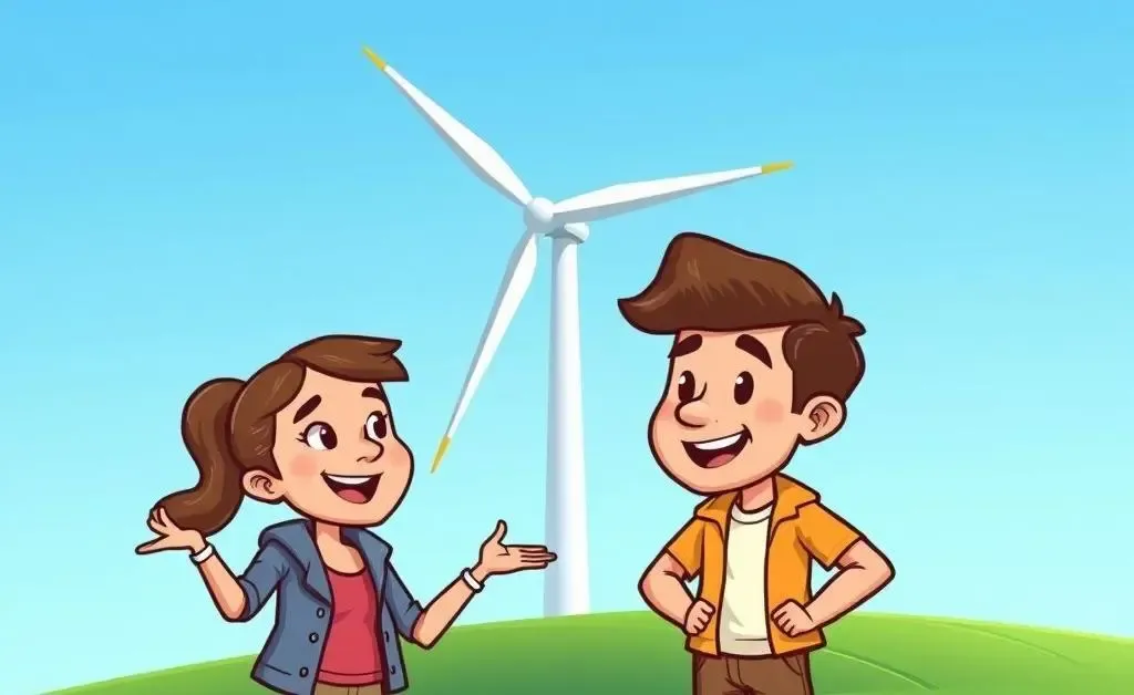 Cartoon-style depiction of people debating wind energy in front of a wind turbine