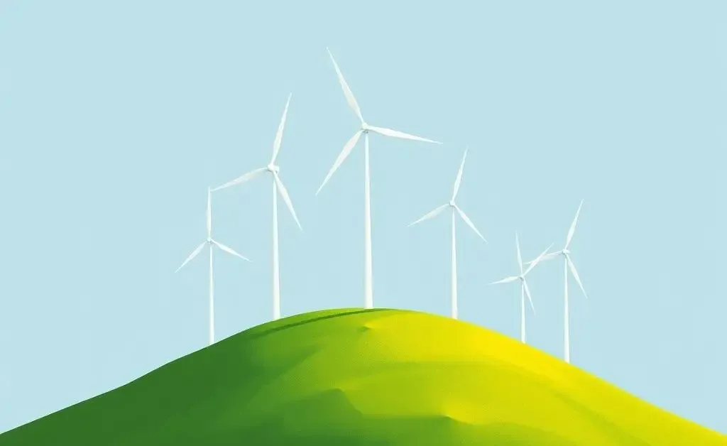 Multiple wind turbines on a green hill