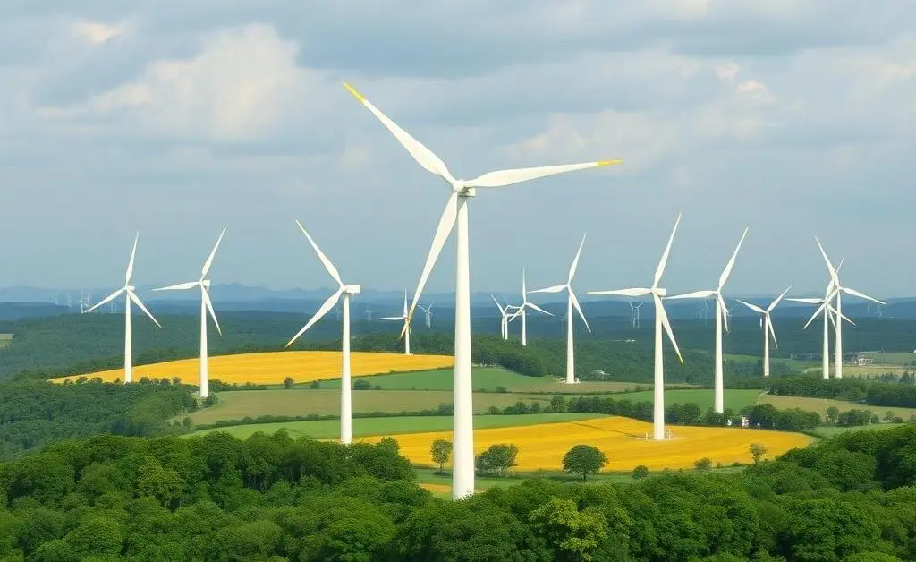 Artistic depiction of a wind turbine farm