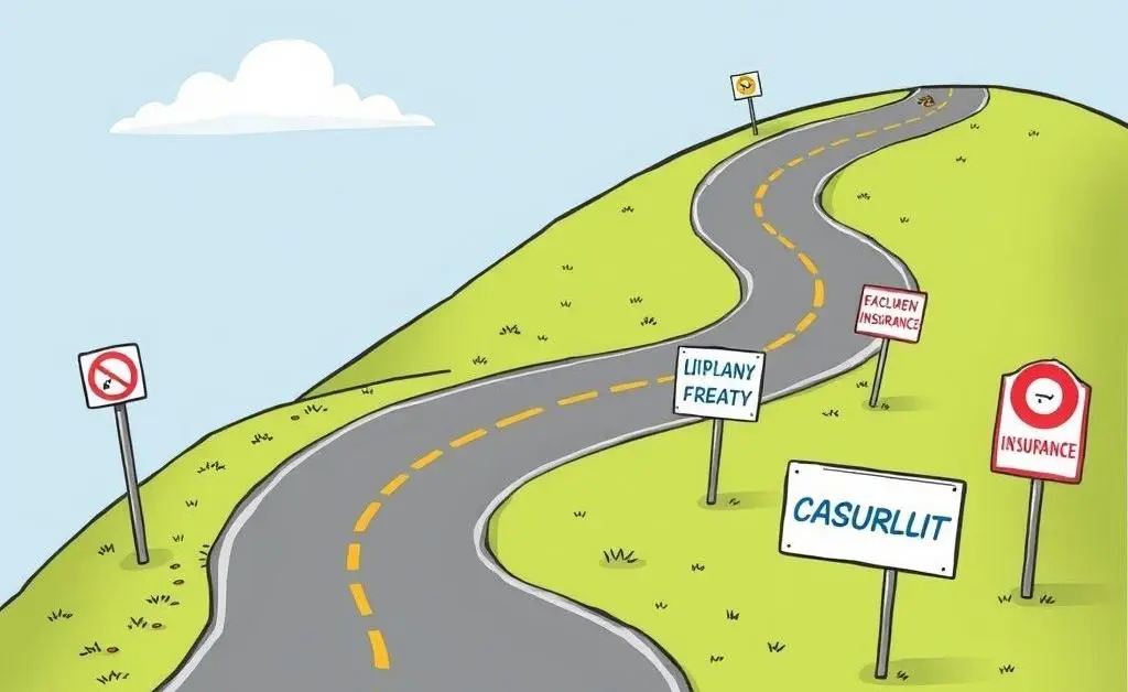 A winding road with various car insurance signs