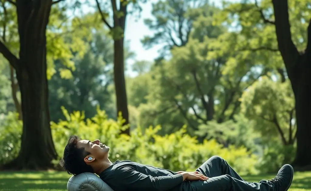 Person using wireless earbuds while relaxing in a park.