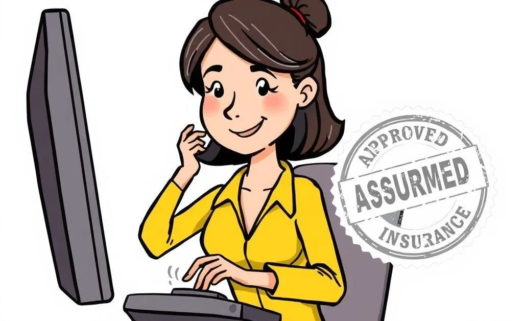 A cartoon depicting a woman confidently working on a computer with an approved insurance stamp