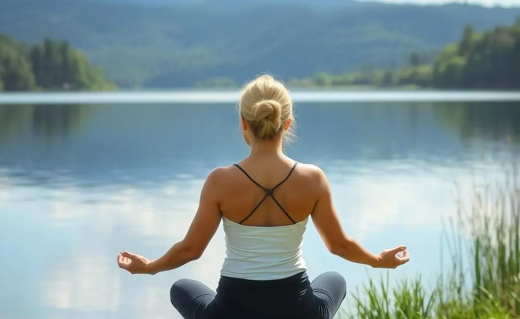 Woman meditating by the lake