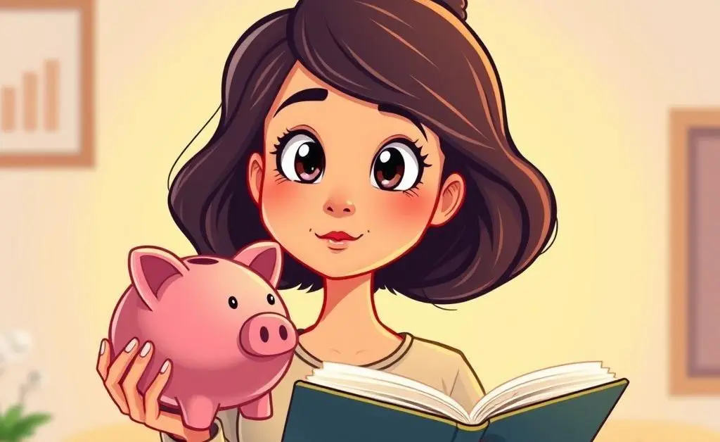A woman with a piggy bank thinking about finance