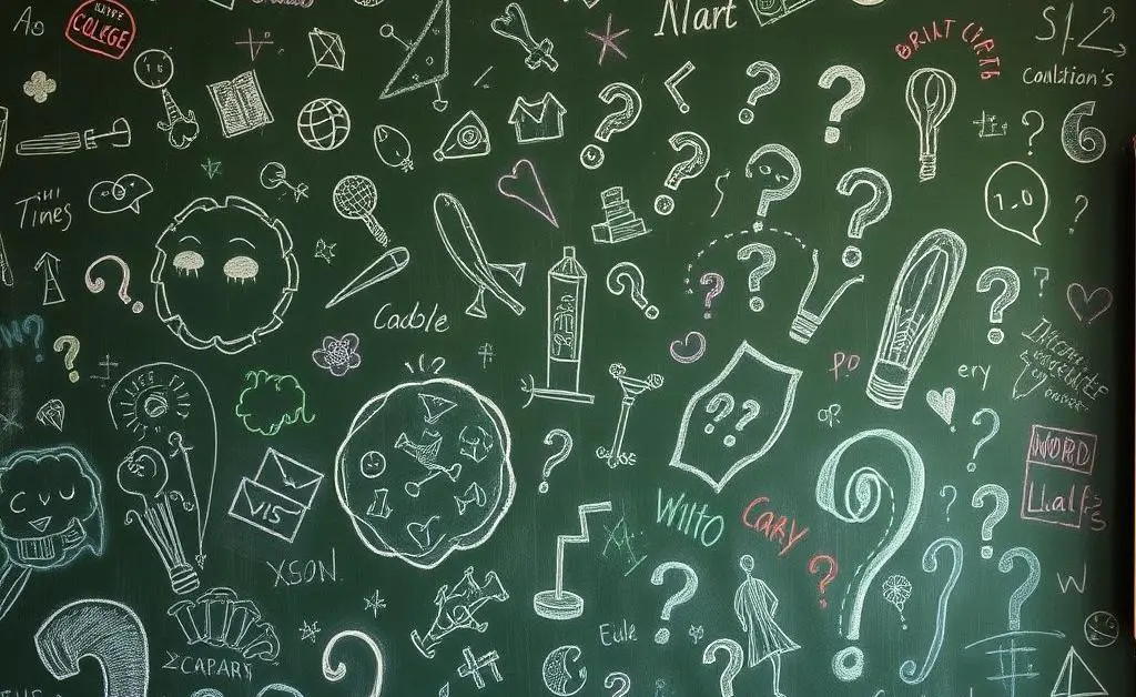 A board filled with doodles and questions