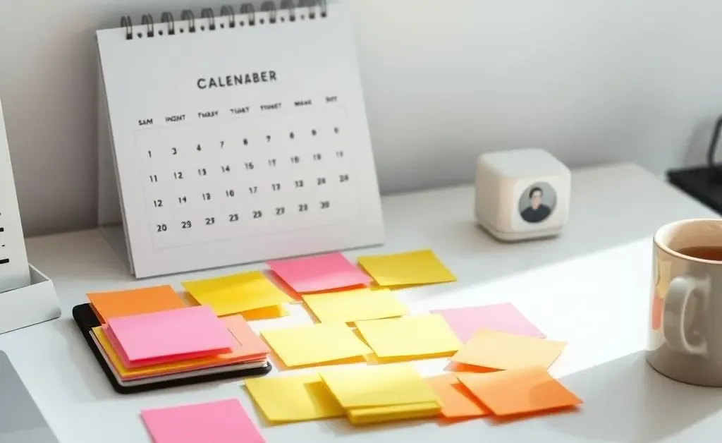 A clutter-free desk with a calendar, colorful sticky notes, and a coffee mug.