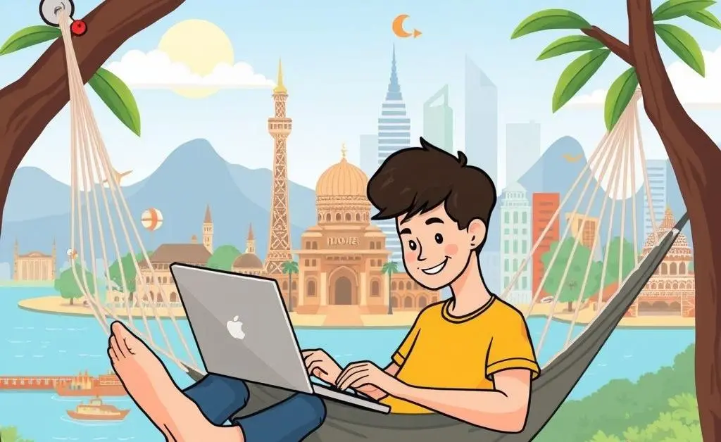 Person working virtually amidst international landmarks