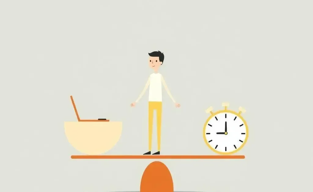 A minimalist cartoon of a person balancing work and leisure time on a scale.