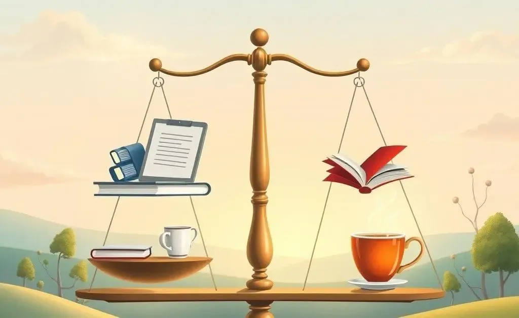 An illustration of a scale balancing work and leisure activities with a peaceful background.