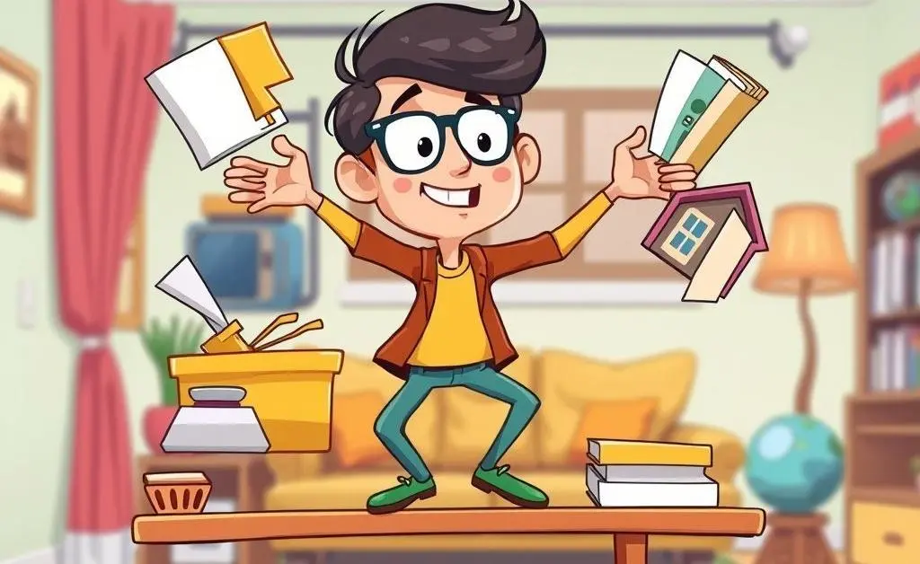 A cartoon-style drawing of a person balancing home tasks and work assignments on a seesaw.