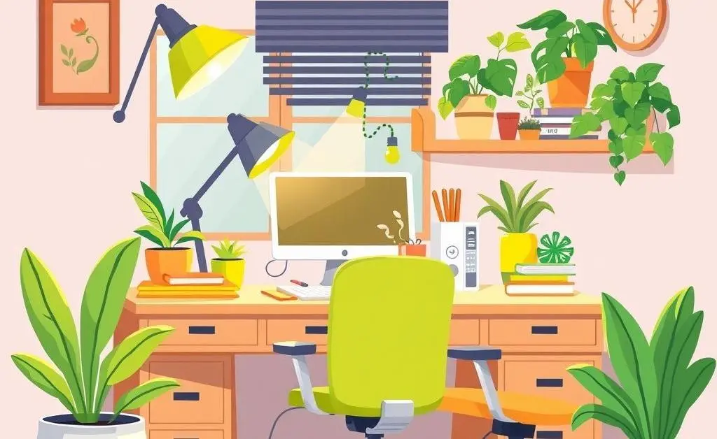 A cartoon-style workspace that combines a home office and relaxing elements like plants and a coffee mug.