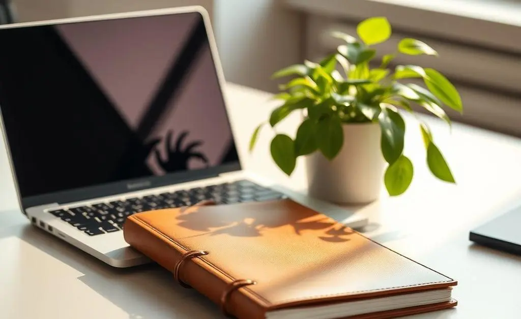 A tidy desk with symbols of work-life balance.