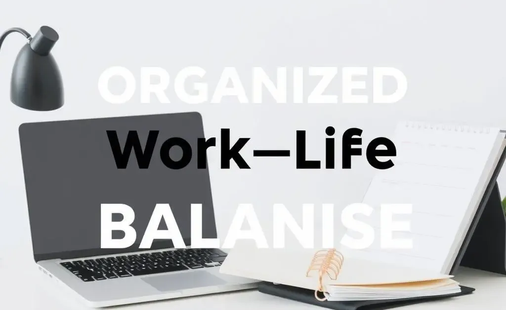 A minimalist desk with a laptop, planner, and a small plant, symbolizing organized work-life balance.