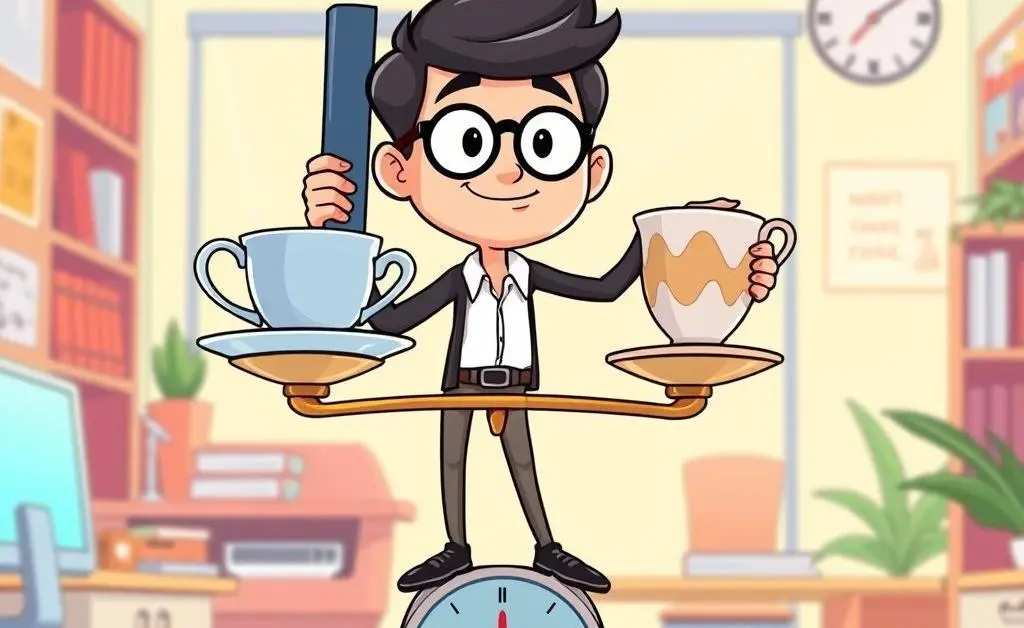 Person balancing a book and teacup on a scale