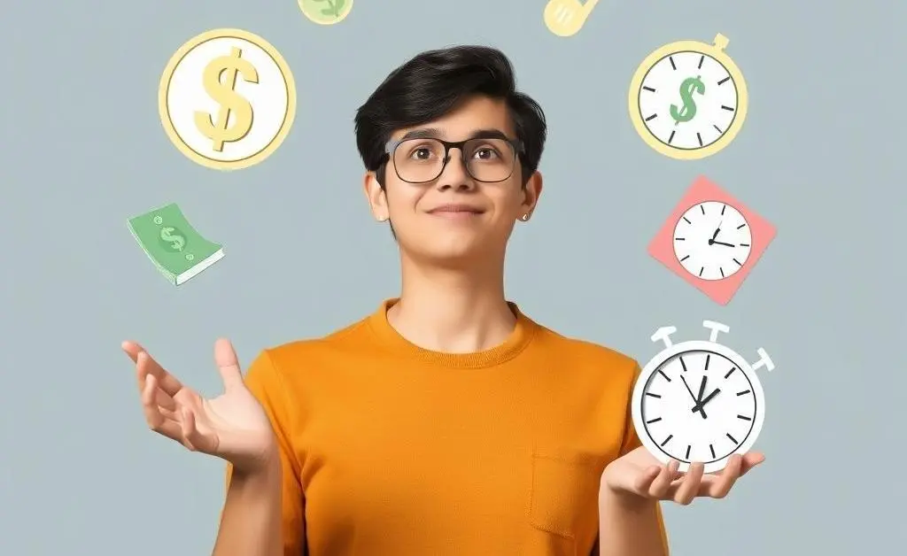 A person juggling financial symbols and personal time icons