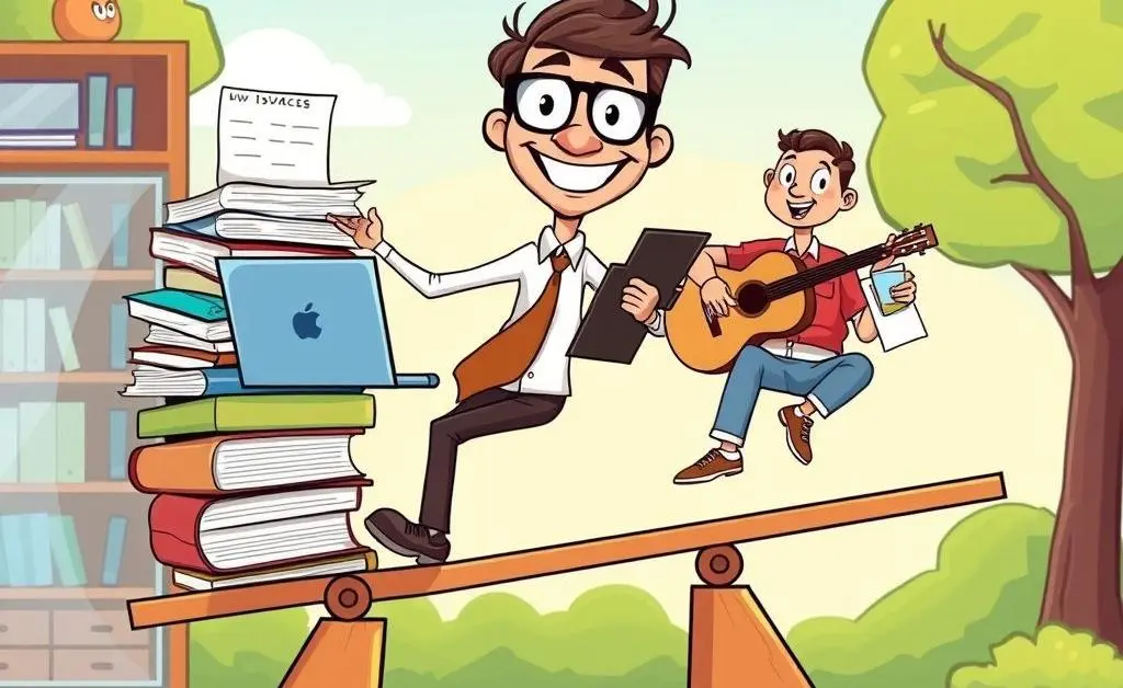 An insurance professional balancing office tasks and leisure activities on a seesaw