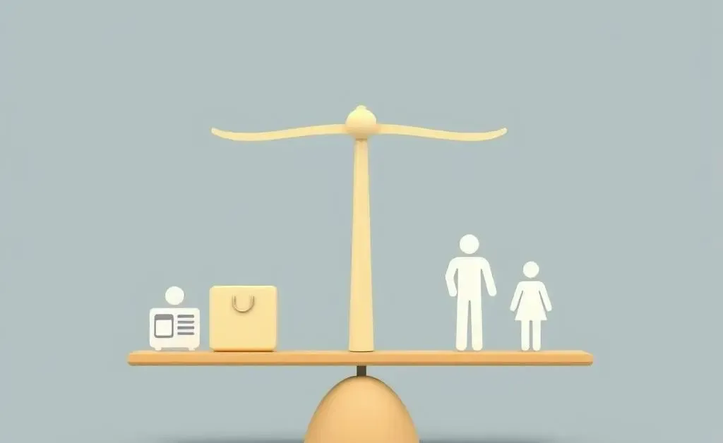 A minimalist image showing a scale balancing icons representing work and personal life.
