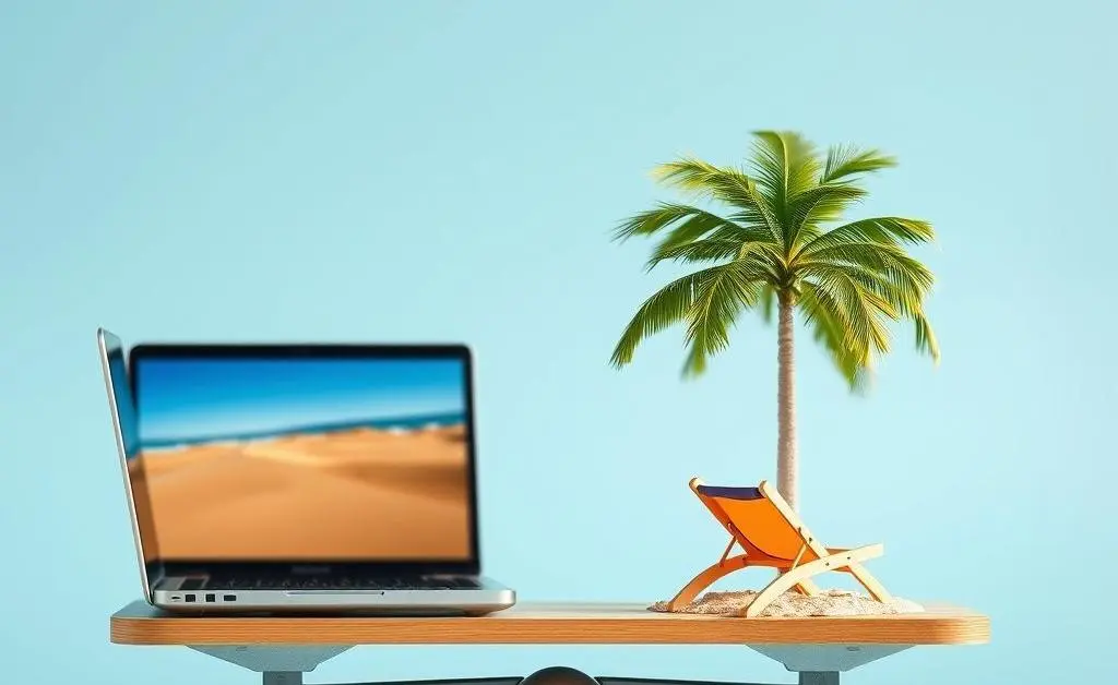 A scale balancing a laptop on one side and a beach chair with palm trees on the other.