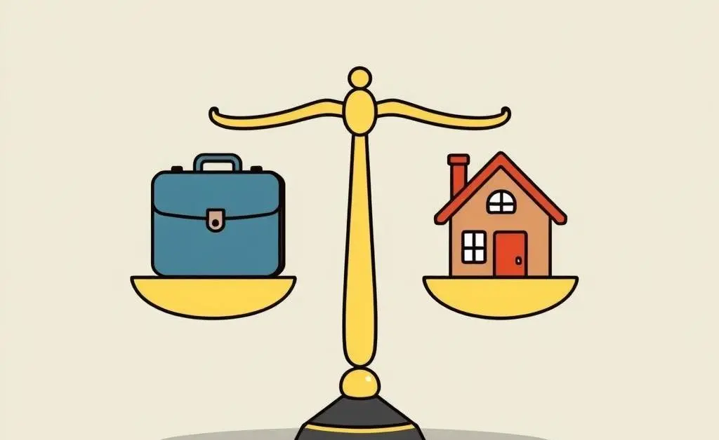 A simple cartoon of a scale balancing work and life objects like briefcase and home.
