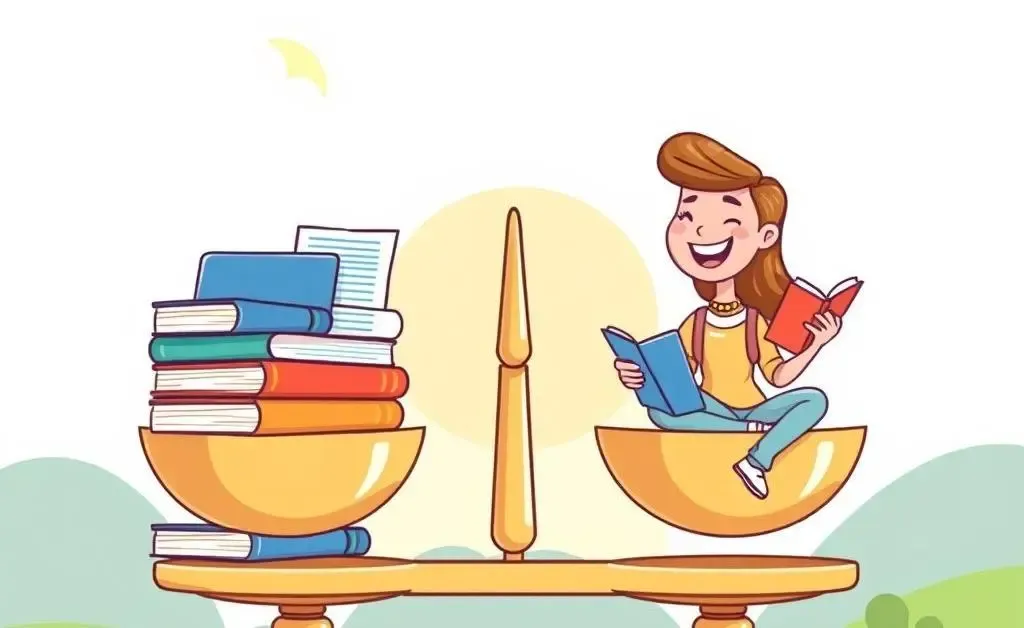 A cartoon-style image showing a balance scale with work on one side and life on the other, illustrating work-life balance.