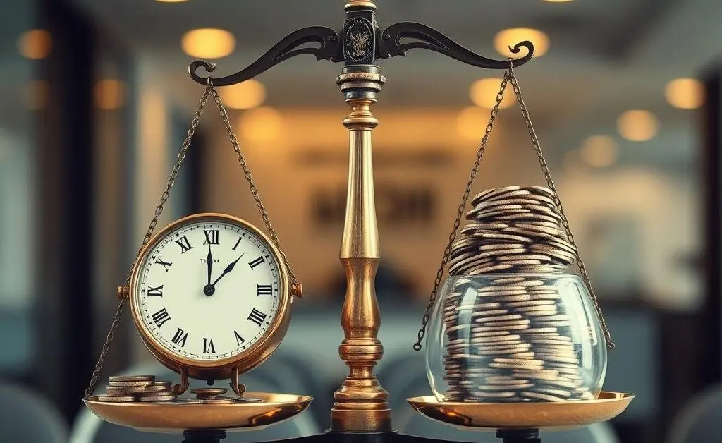 A balanced scale with time and money, symbolizing work-life balance.